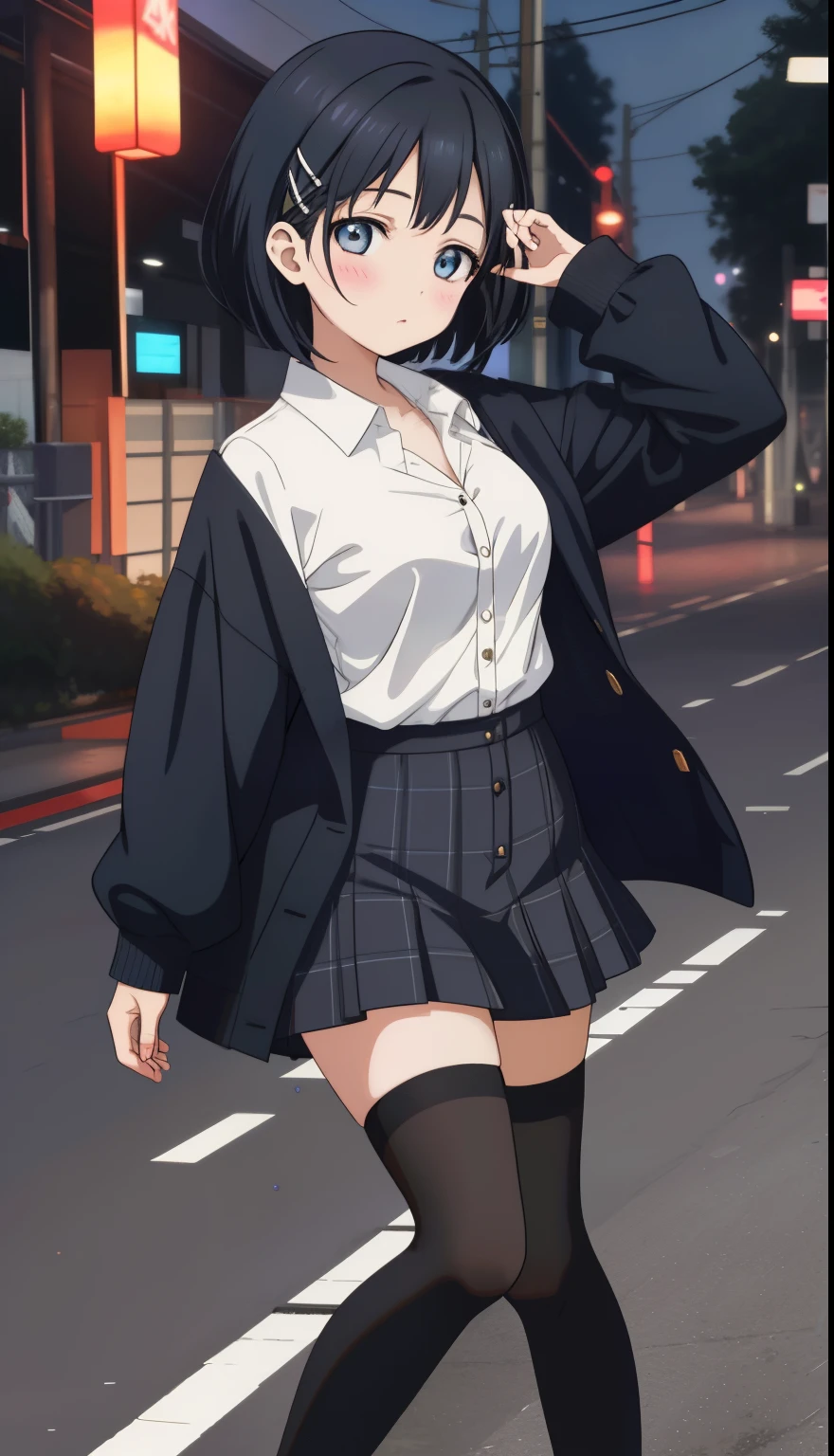 high-definition images, atmospheric perspective, 8k, super detail, accurate, best quality, various composition, a woman, (winter clothes, jacket), looking away, (drooping eyes), (sleepy), earrings, standing and spread her legs slightly, showing off her detailed drawing of deluxe panties, (pantyhose), dark hour of down, boots, downtown area,