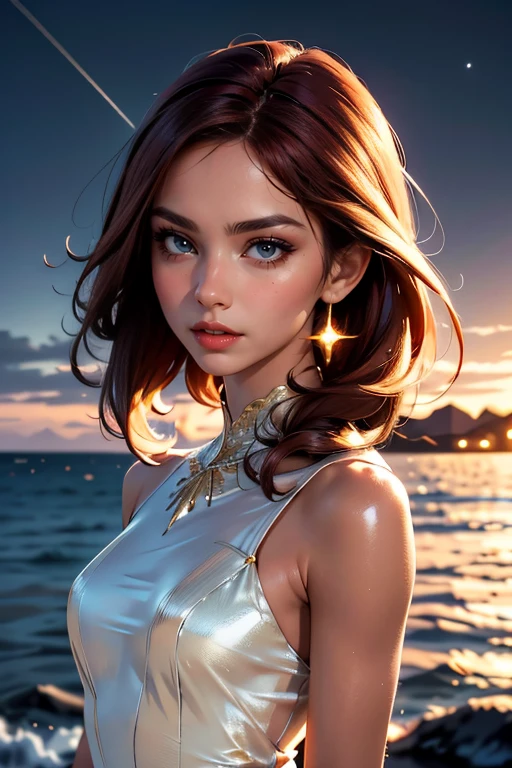 Hyper realistic nocturnal landscape, star-studded sky, the sea is quiet, the trace of water can be seen on the shore, highly realistic panorama, 8k quality, close-up view, there is a 1.70 meters tall, slim Latin woman with long red hair and a fine face, upturned nose, large eyes, full lips, and fine eyebrows. Her gown is a sheer white dress with golden details. Her makeup is simple yet elegant, with slightly shiny champagne-colored cheekbones, golden eyeshadow, and long and thick brows. Her dress billows gently as she stands right at the water's edge, casting an alluring charm against the st