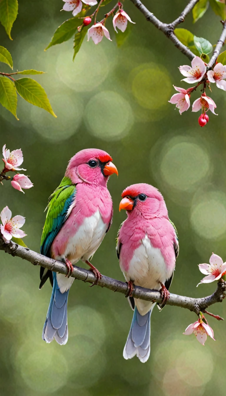 1 There are two birds sitting on a branch, colorful birds, Beautiful and colorful, beautiful大自然, birds on cherry tree, Beautiful and colorful, really beautiful大自然, cute colorful cute, with beautiful色彩, Color HD pictures, very beautiful photo, beautiful, Mysterious Birds, very beautiful, beautiful背景, pink、white and green, beautiful色彩, tropical birds