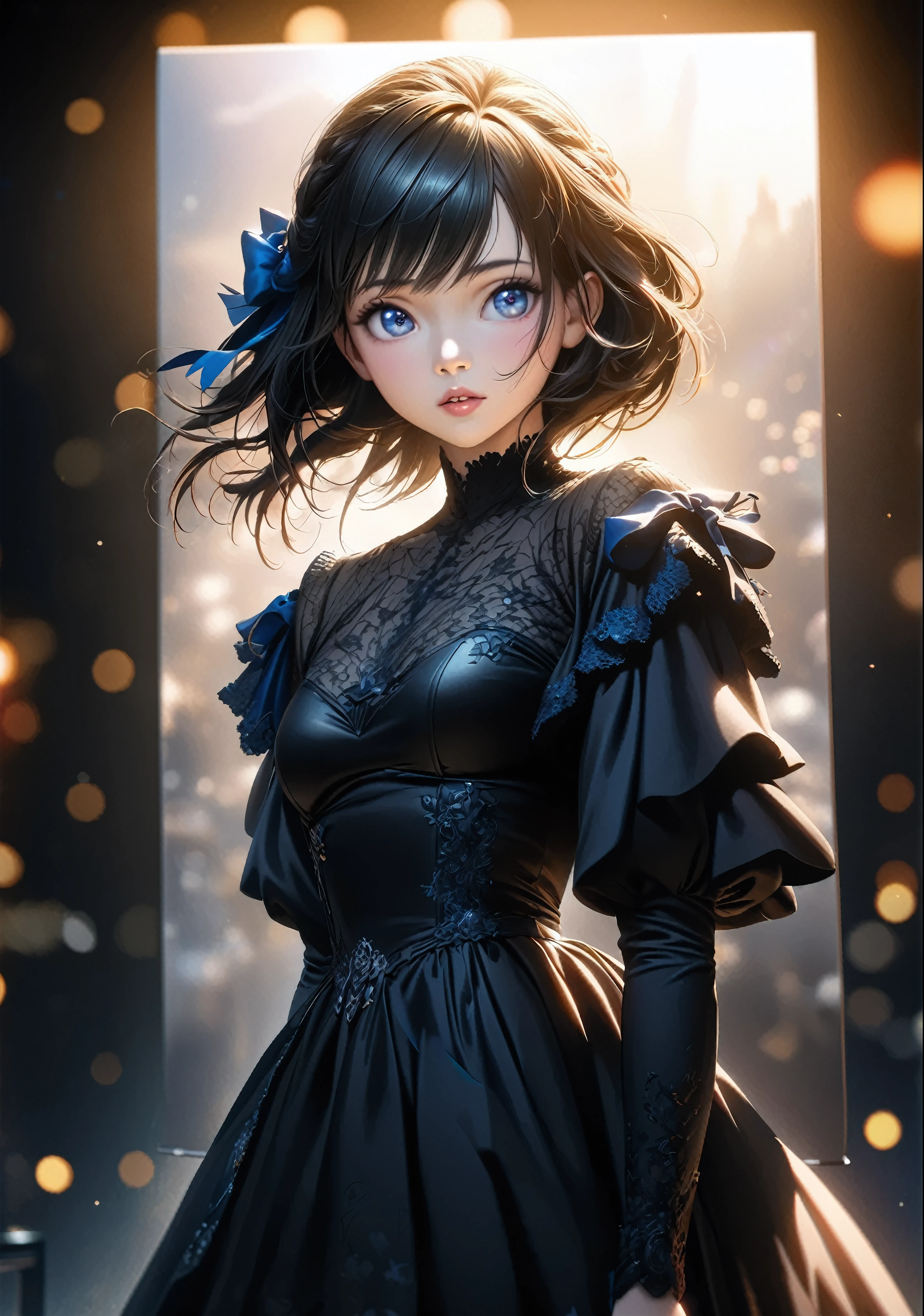 1girl, beautiful detailed eyes, beautiful detailed lips, extremely detailed eyes and face, long eyelashes, anime, anime style, anime girl, girl in a black dress, girl in a dress with a blue bow, girl wearing a black dress, cute anime girl, beautiful anime girl, pretty anime girl, flowing anime CG art, masterpiece, best quality, 4k, 8k, highres, ultra-detailed, realistic, photorealistic, photo-realistic, HDR, UHD, studio lighting, ultra-fine painting, sharp focus, physically-based rendering, extreme detail description, professional, vivid colors, bokeh, blue, black