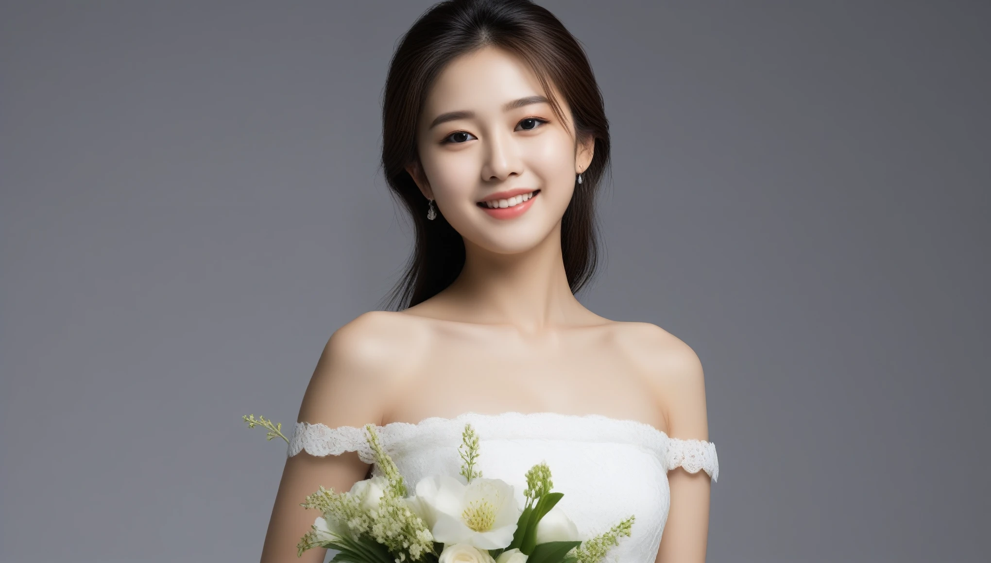 (4K,  high resolution, best quality, chef d&#39;oeuvre:1.2),  une femme coréenne tient un bouquet de fleurs, curly hair, femme porte une robe blanche, (Photorealistic),(ultra-detailed), corps entier complet dans le cadre:1 ,fond blanc,
