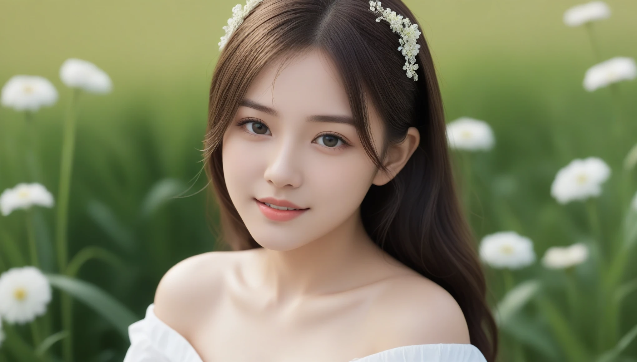 8k, Ultra-high resolution, highest quality, masterpiece, Surreal, photograph, 1 girl, (16 years old:1.3), pretty girl, Cute Face, Beautiful eyes in every detail, 細かくdetailedに,masterpiece,, One Girl:1.2, Japan Female Announcer, One beautiful woman,Flower Fieldに立つWhite Dressを着た女性,White Dress, Off the shoulder, Flower Field,Bold Pose,Looking at the audience、beauty,Long neck、Laugh a little、Please close your mouth and laugh、(((Ideal body type))),A cup small breasts :2,、Portraiture:2、Perfect Anatomy、鮮明なdetailed、detailed、Surreal、Light and shadow,Strong light,Fashion magazine cover,Thin lips