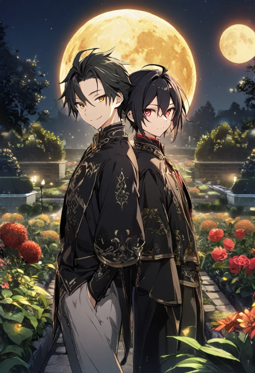 2boy, (Hyakuya Mikaela, \(Swort Art Online\) (Hyakuya Yuuichiro \(Swort Art Online\), (short black hair) (short black hair), (ruby red eyes) (golden eyes):1.2, black costume, black cape, bangs, (smiling gently) (smiling mischievously), ((ultra-detailed)), ((illustration)), ((neat hair)), (beautiful detailed eyes), (male, 1boy) (male, 1boy), standing side by side, ((garden, night, gold moon)), looking at viewer