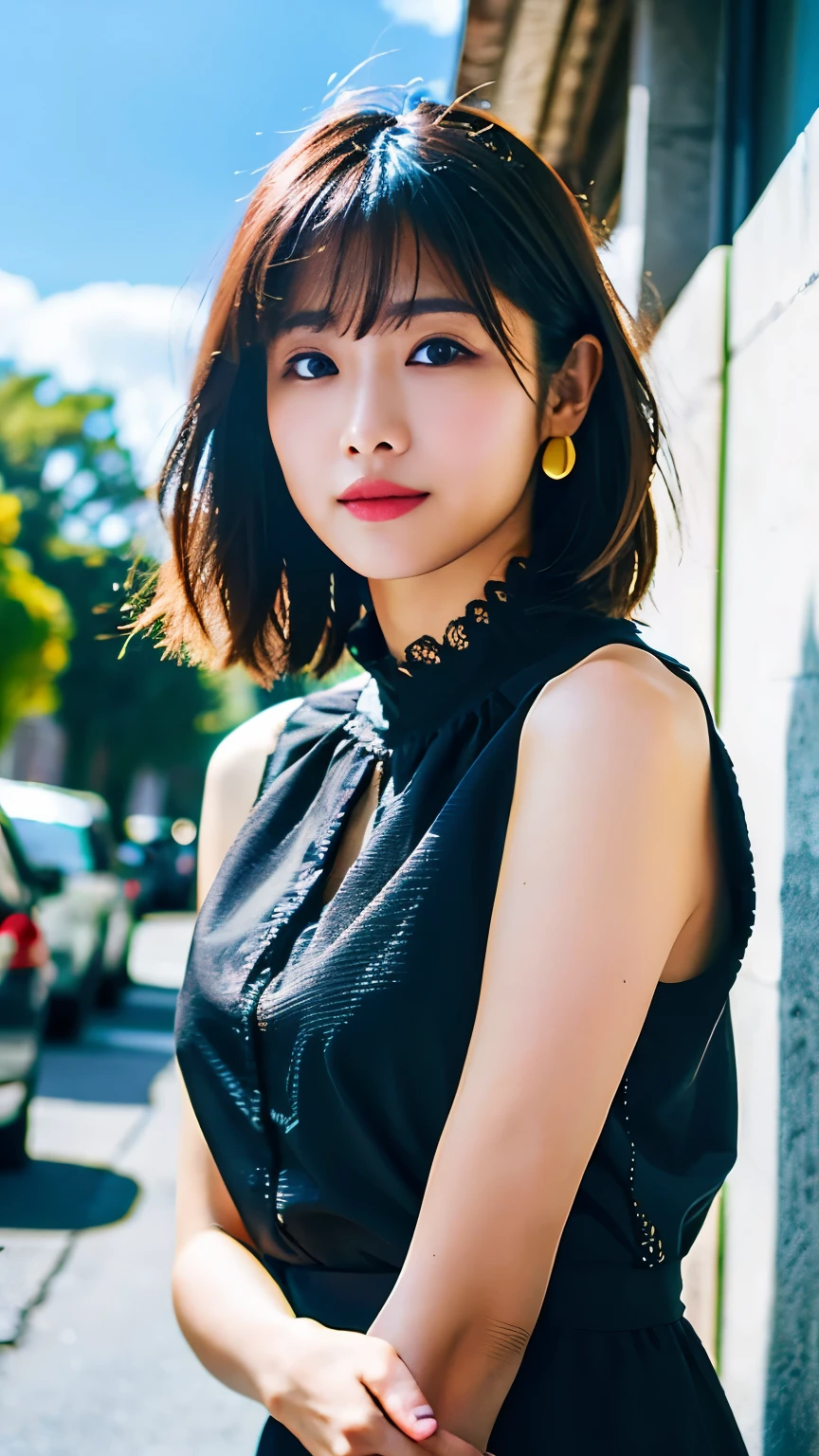 a woman posing on the street corner with light オレンジ色のドレス on, highest quality, High resolution, 8k, 1people girl, (Neat bangs:1.5), Day, bright, Outdoor, (street:0.8), (people々, crowd:1), (lace trim dress:1.5, brightWhite clothes:1.5, Black high neck dress:1.5, Sleeveless dress), nice, (Medium Hair), Beautifully detailed skies, Beautiful earrings, (Dynamic pose:0.8), (Upper Body:1.2), Soft lighting, Wind, Shiny skin, View Viewer, ((Firm and well-shaped chest))