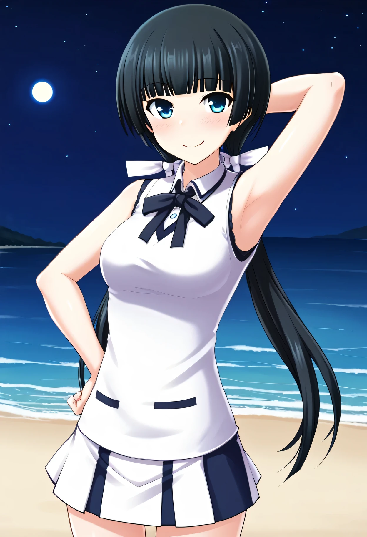 Mayuzumi Yukie, black hair, blunt bangs, long hair, low twintails, blue eyes , short sleeves, white sweater vest, white shirt, white skirt, neck ribbon, black ribbon, high quality, solo, night sky, beach, arm behind head, hand on hip, contrapposto, closed mouth, spread armpits, (cowboy shot:1.5), looking at viewer, shy, light smile, best quality, {blushing},