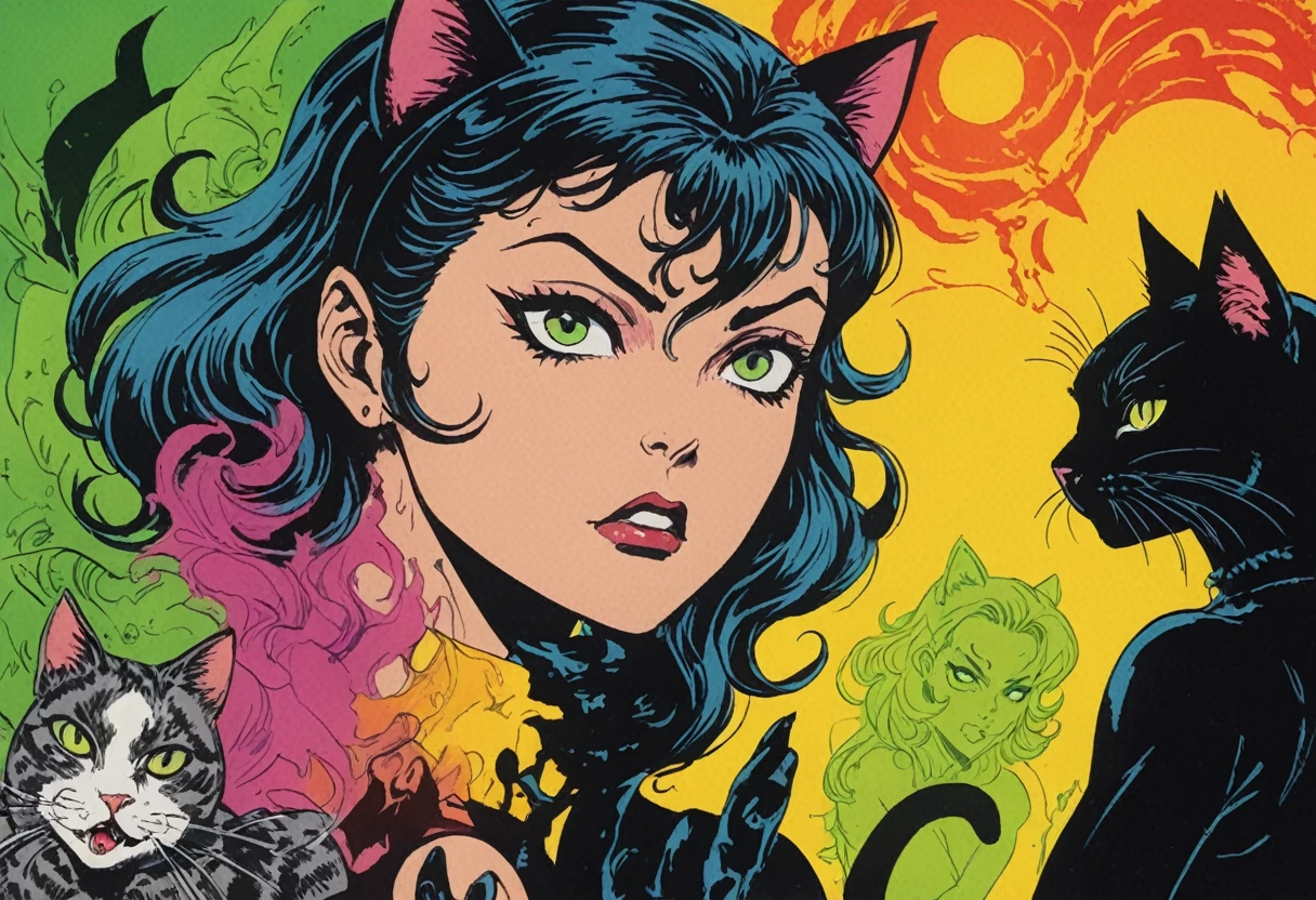 comic 1960's, Catwoman, Catgirl (soon to be Catwoman) with cat, girl with ethereal spirit cat, cinematic poster, image within image, multiple exposure, massive scale, rich color grading for shading depth, hand drawn rotoscope cartoon realism, chiaroscuro lighting, mixed media, vintage comic, retro original design, 1990's comic, sense of movement energy) (Joelle Jones Catwoman style reference), (full roygbiv color) ink charcoal expressive illustration, gritty noir aesthetics