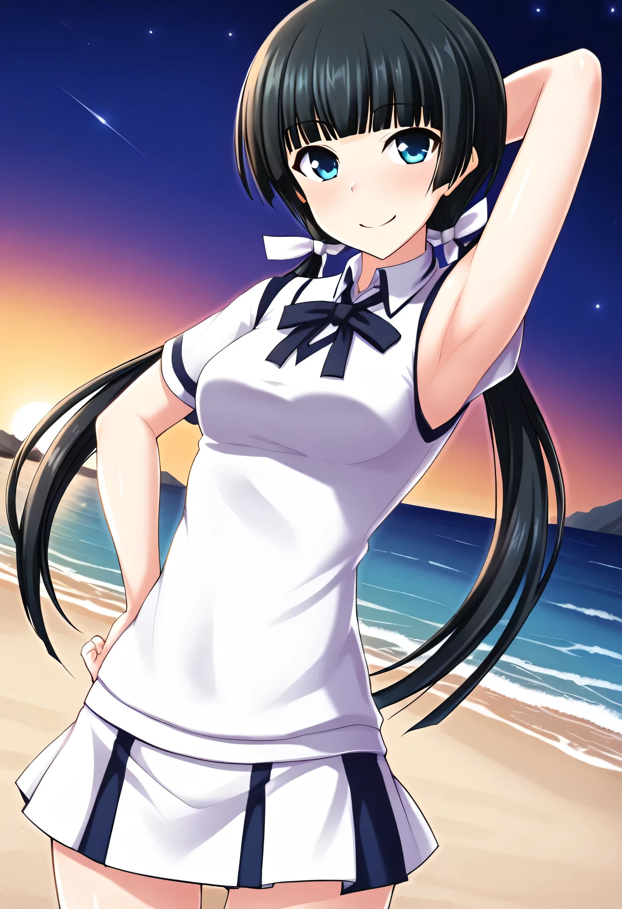 Mayuzumi Yukie, black hair, blunt bangs, long hair, low twintails, blue eyes , short sleeves, white sweater vest, white shirt, white skirt, neck ribbon, black ribbon, high quality, solo, night sky, beach, arm behind head, hand on hip, contrapposto, closed mouth, spread armpits, (cowboy shot:1.5), looking at viewer, shy, light smile, best quality, {blushing},