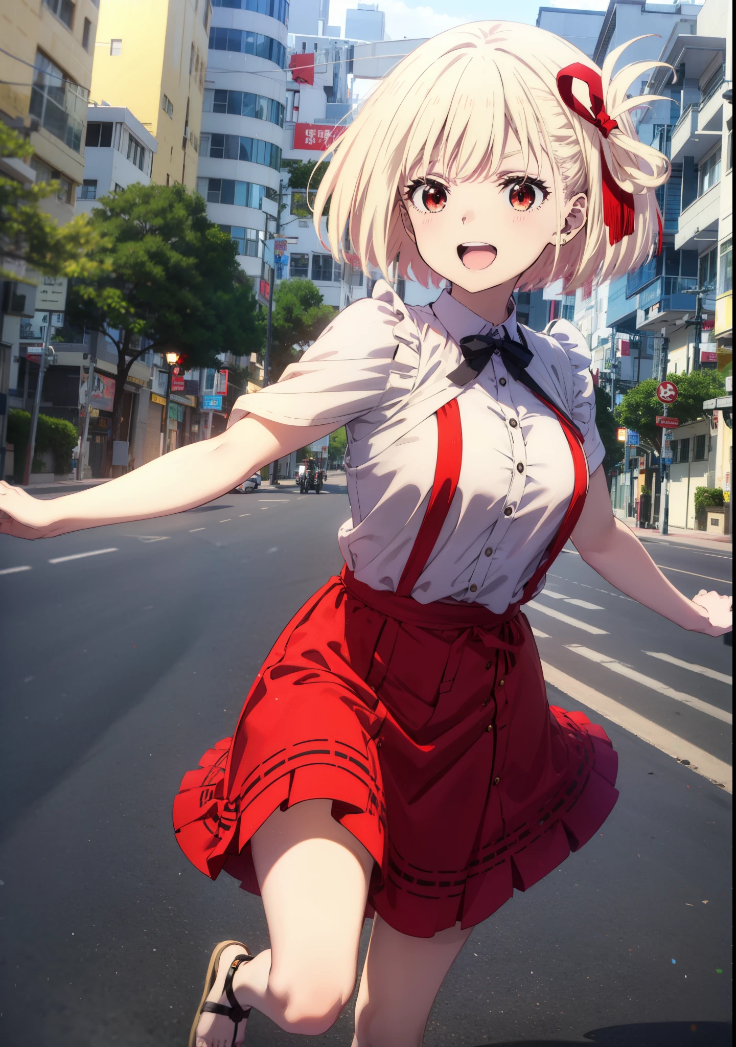 chisatonishikigi, Chisato Nishikigi, short hair, bangs, blonde, (Red eyes:1.5), Hair Ribbon, One side up, Bobcut,happy smile, smile, Open your mouth,
Open your mouth, Red sleeveless dress,Bare arms,Red long skirt,Cute Sandals,whole bodyがイラストに入るように,Daytime,sunny, walk,break looking at viewer,whole body, break outdoors, city,area,bridge、 break (masterpiece:1.2), highest quality, High resolution, unity 8k wallpaper, (shape:0.8), (Beautiful details:1.6), Highly detailed face, Perfect lighting, Extremely detailed CG, (Perfect hands, Perfect Anatomy),