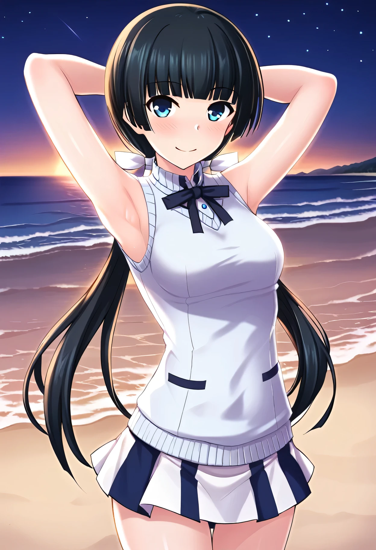 Mayuzumi Yukie, black hair, blunt bangs, long hair, low twintails, blue eyes , short sleeves, white sweater vest, white shirt, white skirt, neck ribbon, black ribbon, high quality, solo, night sky, beach, arms behind head, contrapposto, closed mouth, spread armpits, (cowboy shot:1.5), looking at viewer, shy, light smile, best quality, blushing,