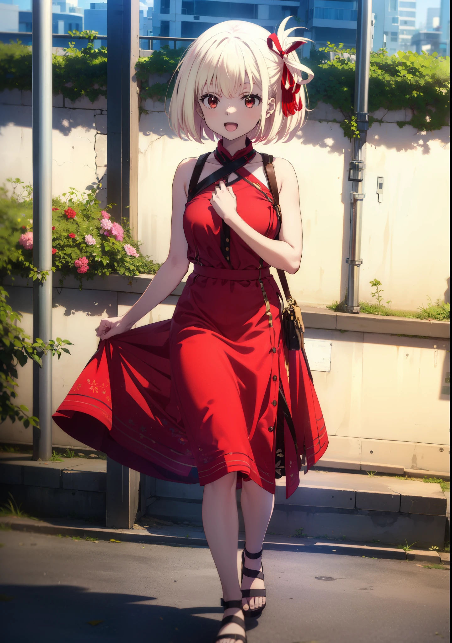 chisatonishikigi, Chisato Nishikigi, short hair, bangs, blonde, (Red eyes:1.5), Hair Ribbon, One side up, Bobcut,happy smile, smile, Open your mouth,
Open your mouth, Red sleeveless dress,Bare arms,Red long skirt,Cute Sandals,whole bodyがイラストに入るように,Daytime,sunny, walk,break looking at viewer,whole body, break outdoors, city,area,bridge、 break (masterpiece:1.2), highest quality, High resolution, unity 8k wallpaper, (shape:0.8), (Beautiful details:1.6), Highly detailed face, Perfect lighting, Extremely detailed CG, (Perfect hands, Perfect Anatomy),