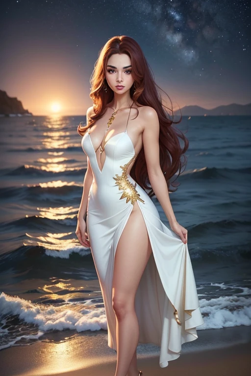 Nighttime Environment, Starry Sky, the Sea is tranquil, the Water's Trail visible on the Shore, Highly Realistic Landscape, 8K Quality, Full Body Photo from head to toe, Standing is a woman of 1.70 meters, slender, Latina, Long Reddish Hair, Refined Face, Pushed-back Nose, Large Eyes, Full Lips, and Fine Eyebrows. Her Makeup is simple, with slightly shiny champagne-colored cheekbones, golden eye shadow, and long, thick eyebrows. She is adorned in a vaporous white dress with golden details. Her posture is elegant, and she exudes