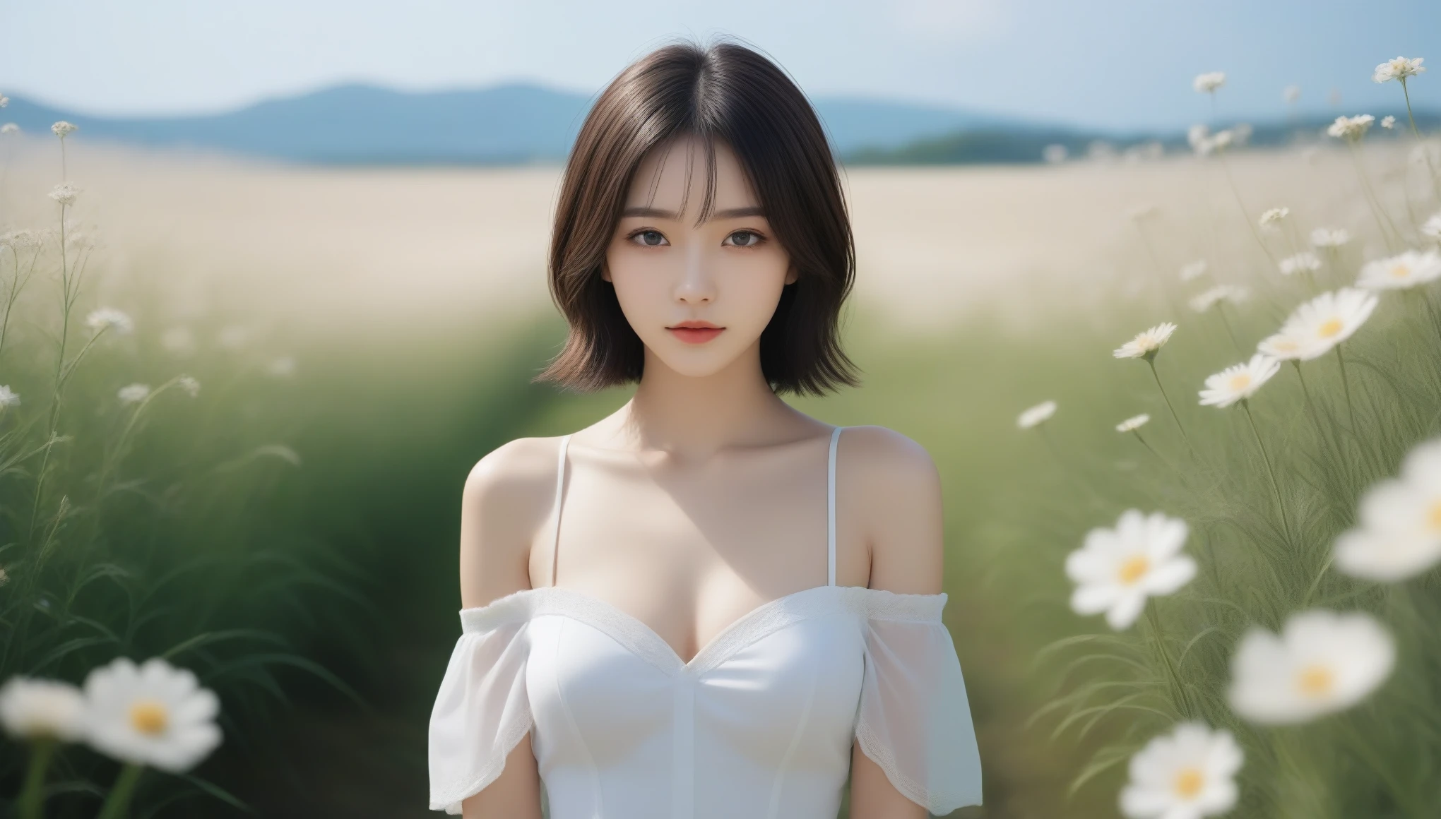 8k, Ultra-high resolution, highest quality, masterpiece, Surreal, photograph, 1 girl, (:1.3), pretty girl, Cute Face, Beautiful eyes in every detail, 細かくdetailedに,masterpiece,, One Girl:1.2, Japan Female Announcer, One beautiful woman,Flower Fieldに立つWhite Dressを着た女性,White Dress, Off the shoulder, Flower Field,Bold Pose,Looking at the audience、beauty,Long neck、Laugh a little、Please close your mouth and laugh、(((Ideal body type))),A cup small breasts :2,、Portraiture:2、Perfect Anatomy、鮮明なdetailed、detailed、Surreal、Light and shadow,Strong light,Fashion magazine cover,Thin lips