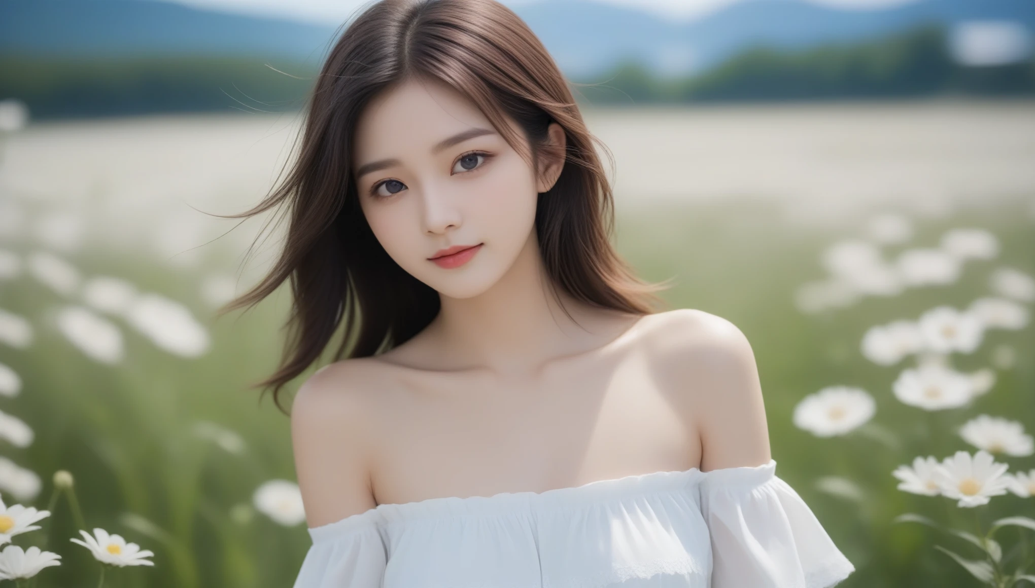 8k, Ultra-high resolution, highest quality, masterpiece, Surreal, photograph, 1 girl, (16 years old:1.3), pretty girl, Cute Face, Beautiful eyes in every detail, 細かくdetailedに,masterpiece,, One Girl:1.2, Japan Female Announcer, One beautiful woman,Flower Fieldに立つWhite Dressを着た女性,White Dress, Off the shoulder, Flower Field,Bold Pose,Looking at the audience、beauty,Long neck、Laugh a little、Please close your mouth and laugh、(((Ideal body type))),A cup small breasts :2,、Portraiture:2、Perfect Anatomy、鮮明なdetailed、detailed、Surreal、Light and shadow,Strong light,Fashion magazine cover,Thin lips