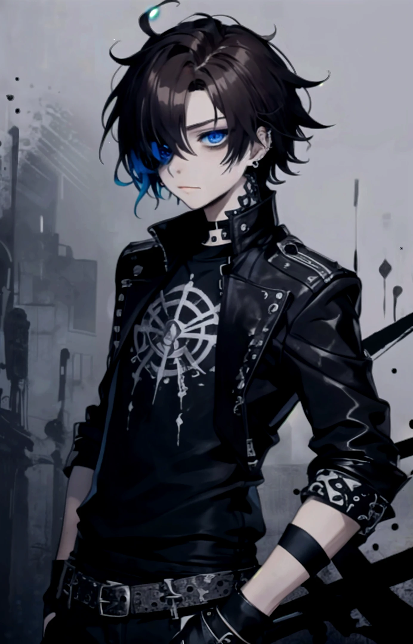 16-year-old boy with bangs,light muscular, Black hair,blue neon forelock, Shoulder-length hair,Black pants,White T-shirt, Glasses,Cool contemplative expression,Line art,Suspension fittings.