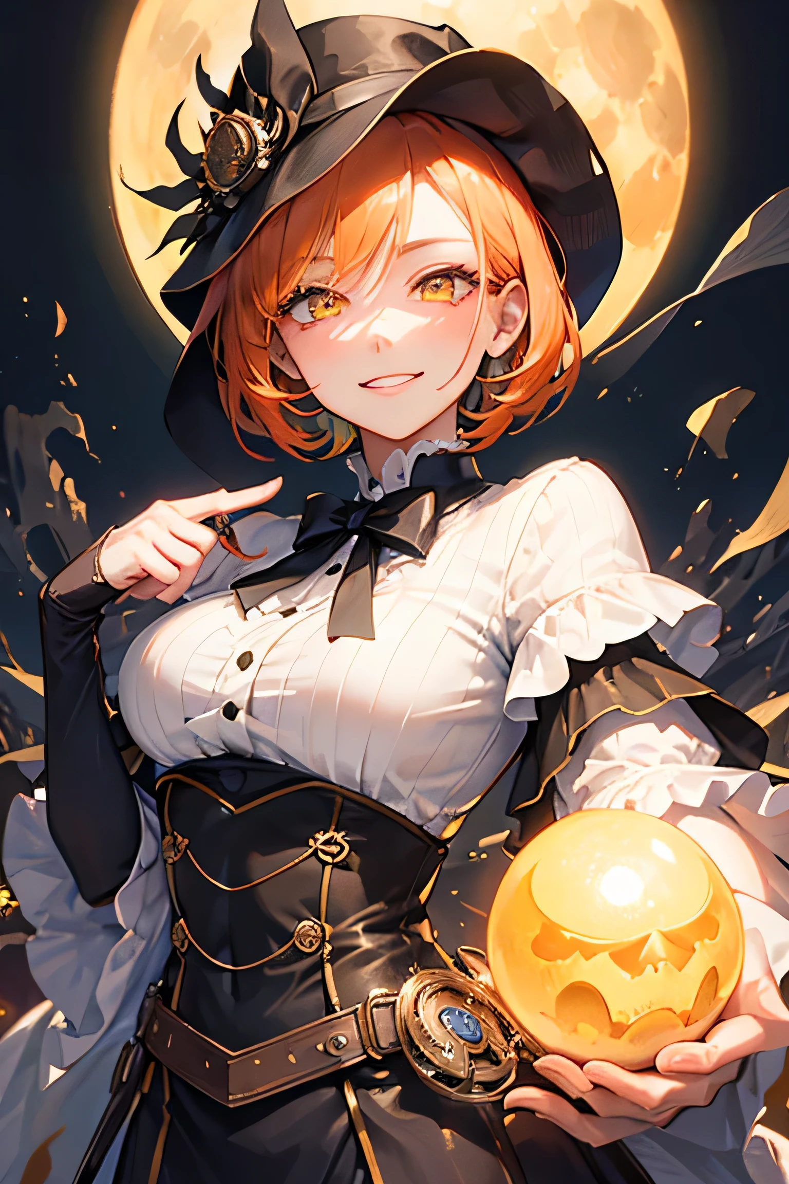 masterpiece, highest quality, so beautiful、up to date、girl, Orange Hair, short hair, Yellow Eyes、Wicked Smile、Wicked Smile,Shining Eyes、Super nice adult woman in monochrome British aristocrat fantasy costume、Combat pose、Face close-up、Decoration、Be confident々、Have、steampunk、Black Butler、sebastian michaelis、look up、nice、Moonlit Night