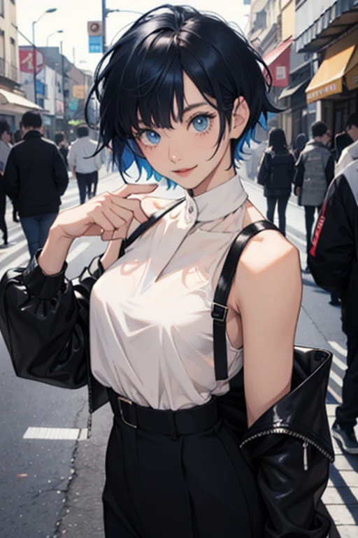 frontを向いている、Black and blue hair、Short Hair、Cool woman、A mischievous smile、Black clothes、rock、Street fashion、Boyish Girl、Berry Short、frontを向いている、front、Focus on the face、Slanted Eyes、Cool women、Berry Shortの髪、Put your hands behind your back、blue eyes、体がfrontを向いている
