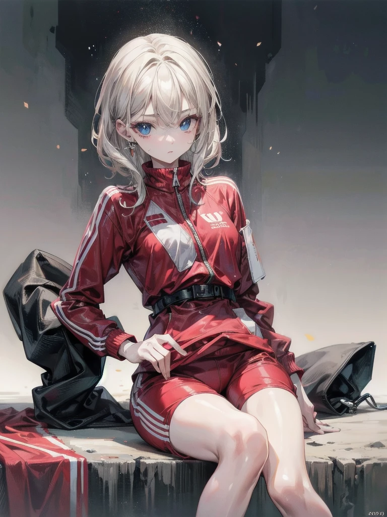 whole body, tracksuit, Hot Pants, absurdres, RAW photo, extremely delicate and beautiful, masterpiece, Best Quality, ultra high resolution, 32k, hyperrealistic, ultra-detailed, perfect figure, perfect shape, detailed description, pale skin, 20 years old, detailed beautiful face and eyes, tearful mole, earring, short medium hair, wavy hair,