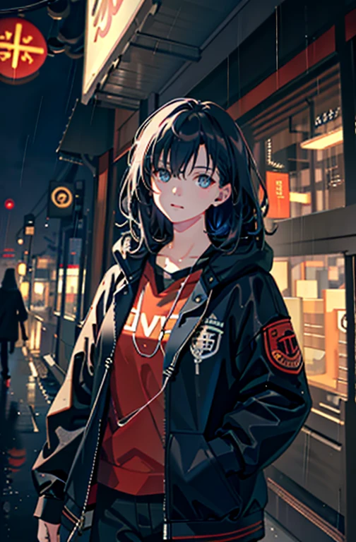 One girl, Jacket, rain, Outdoor, hoodie, open Jacket, Lock, Backpack, Look at other people, Messy Hair, Trending on Art Station, 8K resolution, Very detailed, Anatomically correct, Clear images, Digital Painting, Concept Art, Topics on pixiv, Makoto Shinkai's Style,
