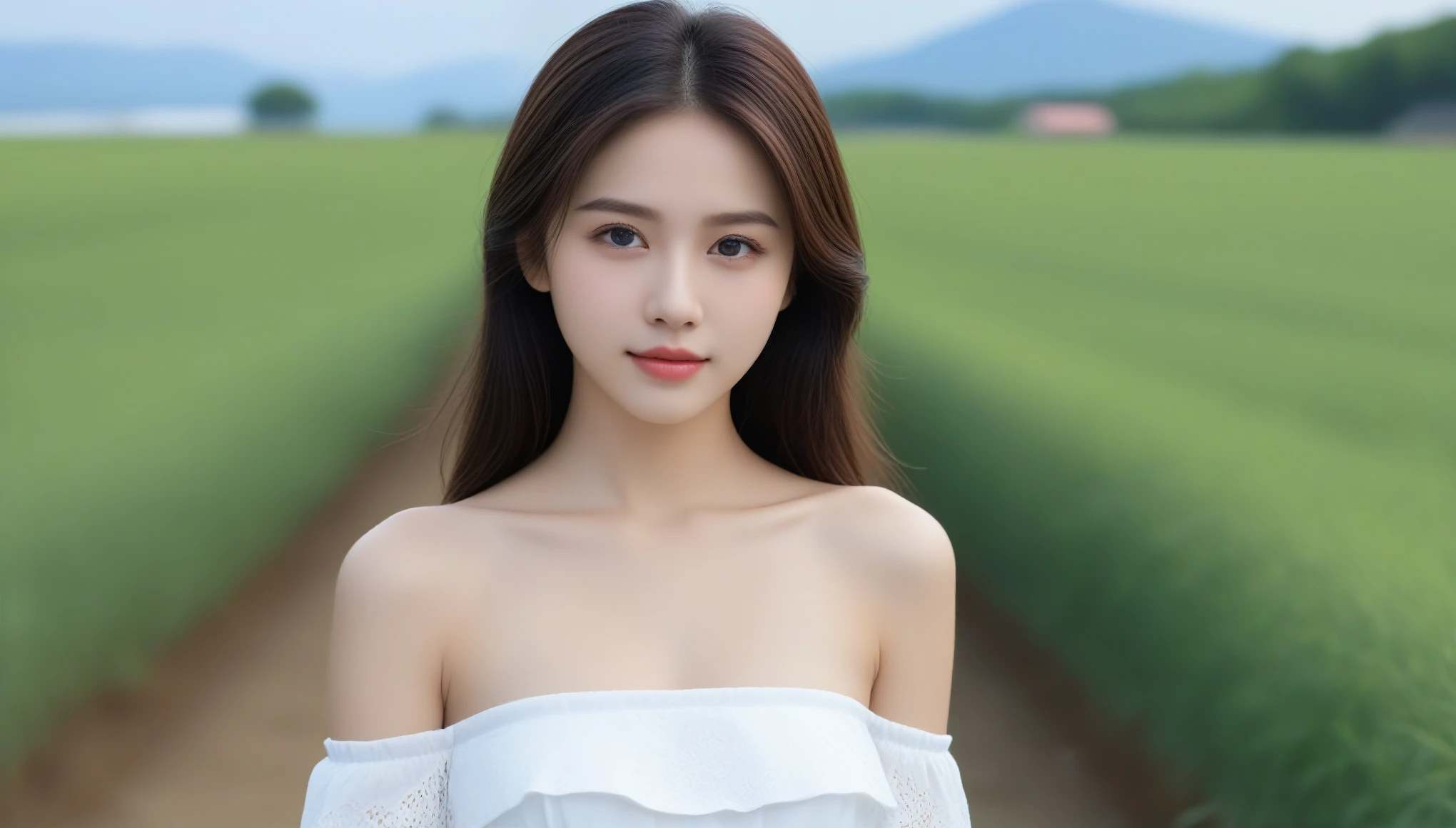 8k, Ultra-high resolution, highest quality, masterpiece, Surreal, photograph, 1 girl, (:1.3), pretty girl, Cute Face, Beautiful eyes in every detail, 細かくdetailedに,masterpiece,, One Girl:1.2, Japan Female Announcer, One beautiful woman,Flower Fieldに立つWhite Dressを着た女性,White Dress, Off the shoulder, Flower Field,Bold Pose,Looking at the audience、beauty,Long neck、Laugh a little、Please close your mouth and laugh、(((Ideal body type))),A cup small breasts :2,、Portraiture:2、Perfect Anatomy、鮮明なdetailed、detailed、Surreal、Light and shadow,Strong light,Fashion magazine cover,Thin lips