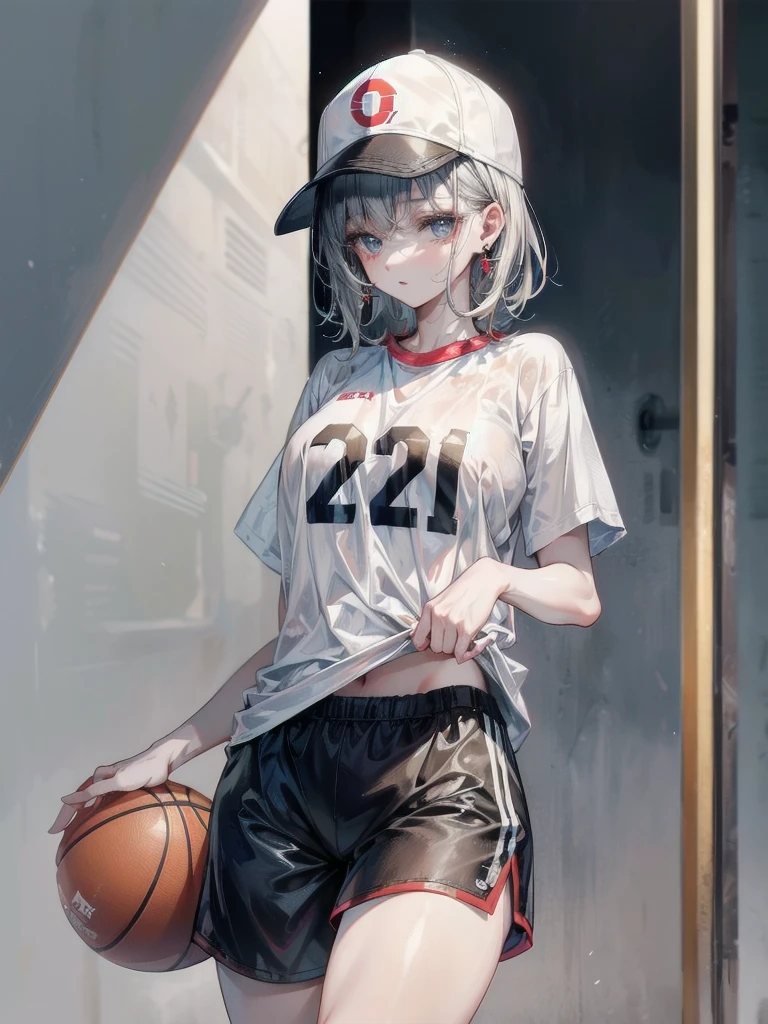 whole body, Basketball shirt, baseball cap, Hot Pants, absurdres, RAW photo, extremely delicate and beautiful, masterpiece, Best Quality, ultra high resolution, 32k, hyperrealistic, ultra-detailed, perfect figure, perfect shape, detailed description, pale skin, 20 years old, detailed beautiful face and eyes, tearful mole, earring, short medium hair, wavy hair,