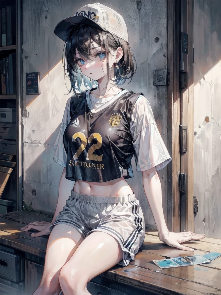 whole body, Basketball shirt, baseball cap, Hot Pants, absurdres, RAW photo, extremely delicate and beautiful, masterpiece, Best Quality, ultra high resolution, 32k, hyperrealistic, ultra-detailed, perfect figure, perfect shape, detailed description, pale skin, 20 years old, detailed beautiful face and eyes, tearful mole, earring, short medium hair, wavy hair,