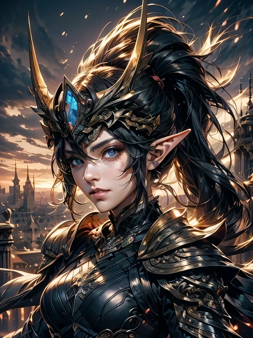 ((masterpiece、highest quality、Super detailed、High resolution、Sharp focus))、((One Girl、Mature Woman、Brightness of the face、Bust Shot))、Focus from the chest up、30 year old female elf、Slim figure、Black hair ponytail、Captivating blue eyes、Sharp eyes、A black cloak made of flowing fabric、Black leather armor and leggings、Black Knight Armor、Knight's helmet covering the entire face、Burning cityscape and medieval castle、Vibrant colors、View your viewers、Detailed hand drawing、Combat Ready、Dynamic Movement