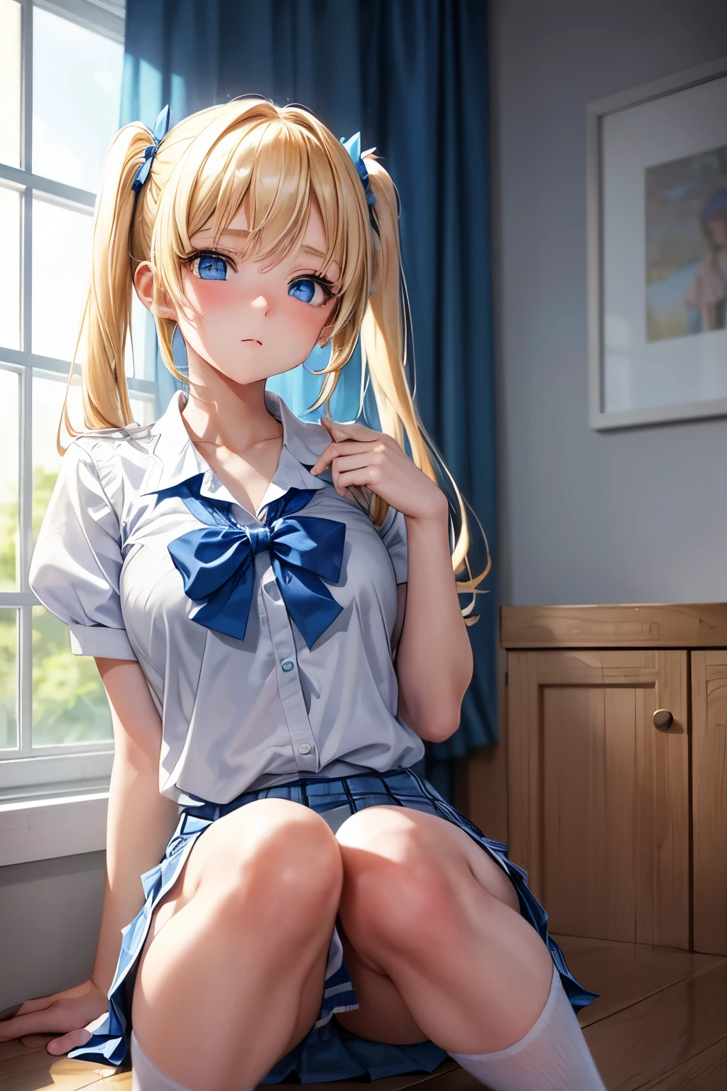 "A young girl with bright blonde pigtails and striking blue eyes stands confidently. She is 18 years old, wearing a crisp white school shirt paired with a light blue pleated skirt that falls just above her knees. Her expression is a mix of determination and curiosity. The scene is styled in a vibrant anime aesthetic, perfect for a visual novel setting."