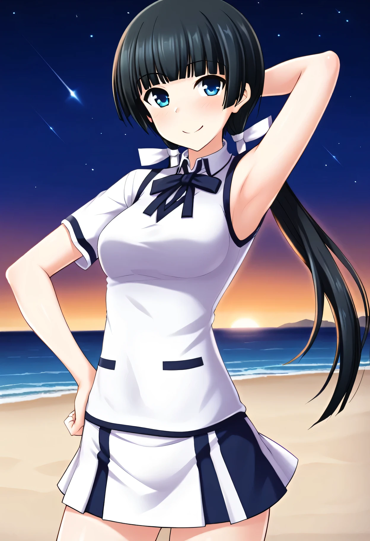 Mayuzumi Yukie, black hair, blunt bangs, long hair, low twintails, blue eyes , short sleeves, white sweater vest, white shirt, white skirt, neck ribbon, black ribbon, high quality, solo, night sky, beach, arm behind head, hand on hip, contrapposto, closed mouth, spread armpits, (cowboy shot:1.5), looking at viewer, shy, light smile, best quality, {blushing},