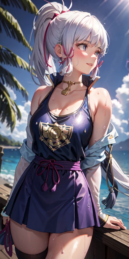 realistic, 1girl, ponytail, parted lips, blush, makeup, light smile, white hair, sportswear, skirt, wet clothes, glow, thighs, purple eye, bare shoulders, collarbone, narrow waist, sunbeam, sunlight, rose, wind, cleavage, (masterpiece), sweat,