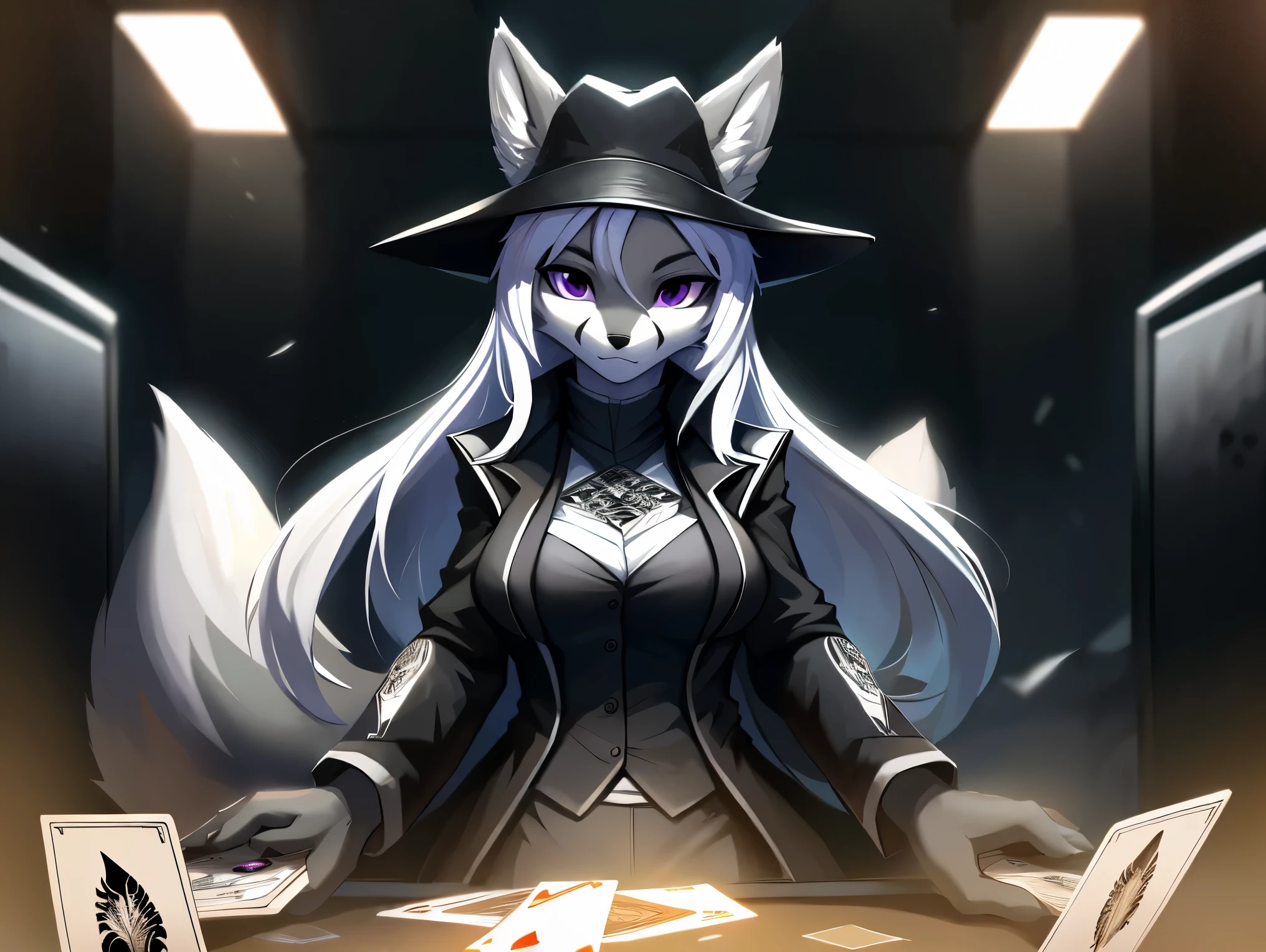 ((fox)), female, solo, long white hair, ((grey fur)), purple eyes, breasts, ((black gambler clothes)), ((black rancher hat)), holding playing cards, Very good figure, best quality, highres, 16k, Natural soft light, Tyndall effect, Advanced film lighting, Unreal Engine5, Extremely realistic, A high resolution, perfect masterpiece, high quality, high resolution