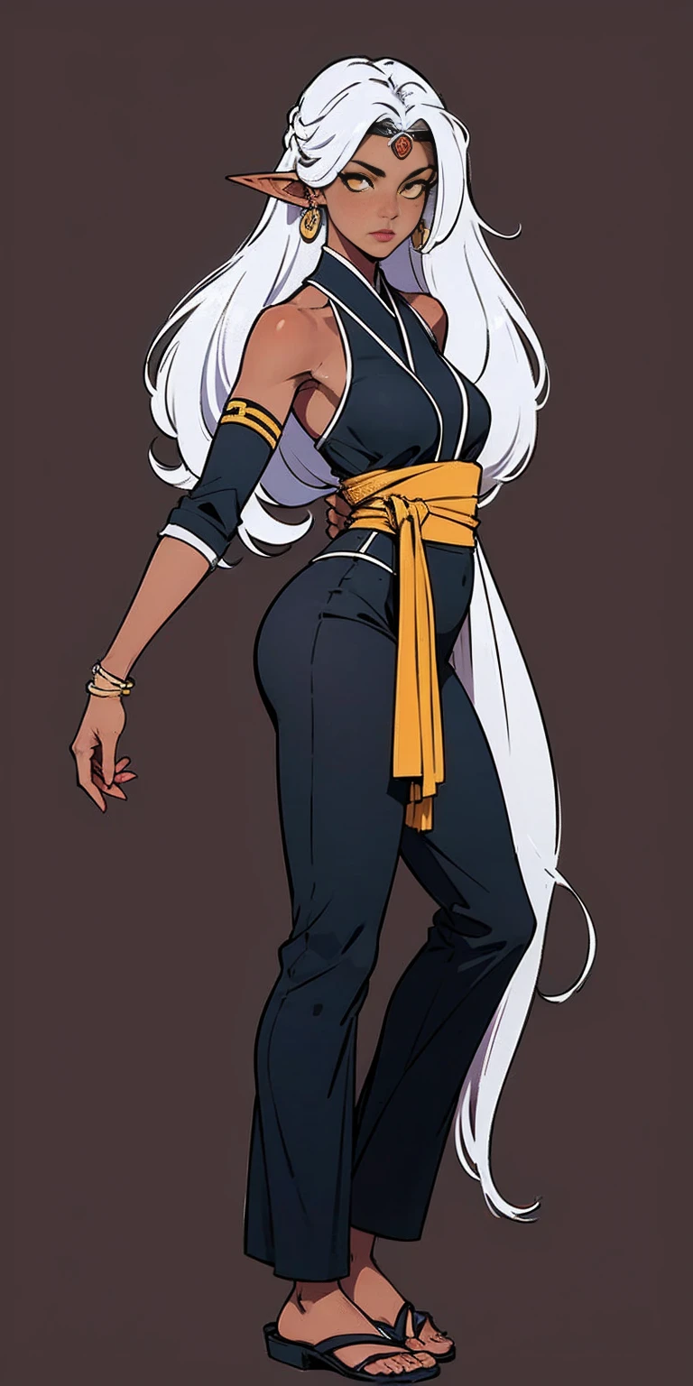 (Masterpiece, plain background:1.2) Female full body, standing straight symmetrical feet together, Pirotess dark elf, dark skin, long white hair, circlet, yellow eyes, 1990s (style), ninja Kunoichi, female 1sologirl