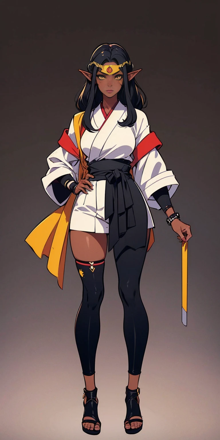 (Masterpiece, plain background:1.2) Female full body, standing straight symmetrical feet together, Pirotess dark elf, dark skin, long white hair, circlet, yellow eyes, 1990s (style), ninja Kunoichi, female 1sologirl