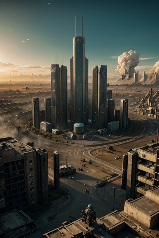 Make an image of a futuristic post-apocalyptic city where there are Robots around it 