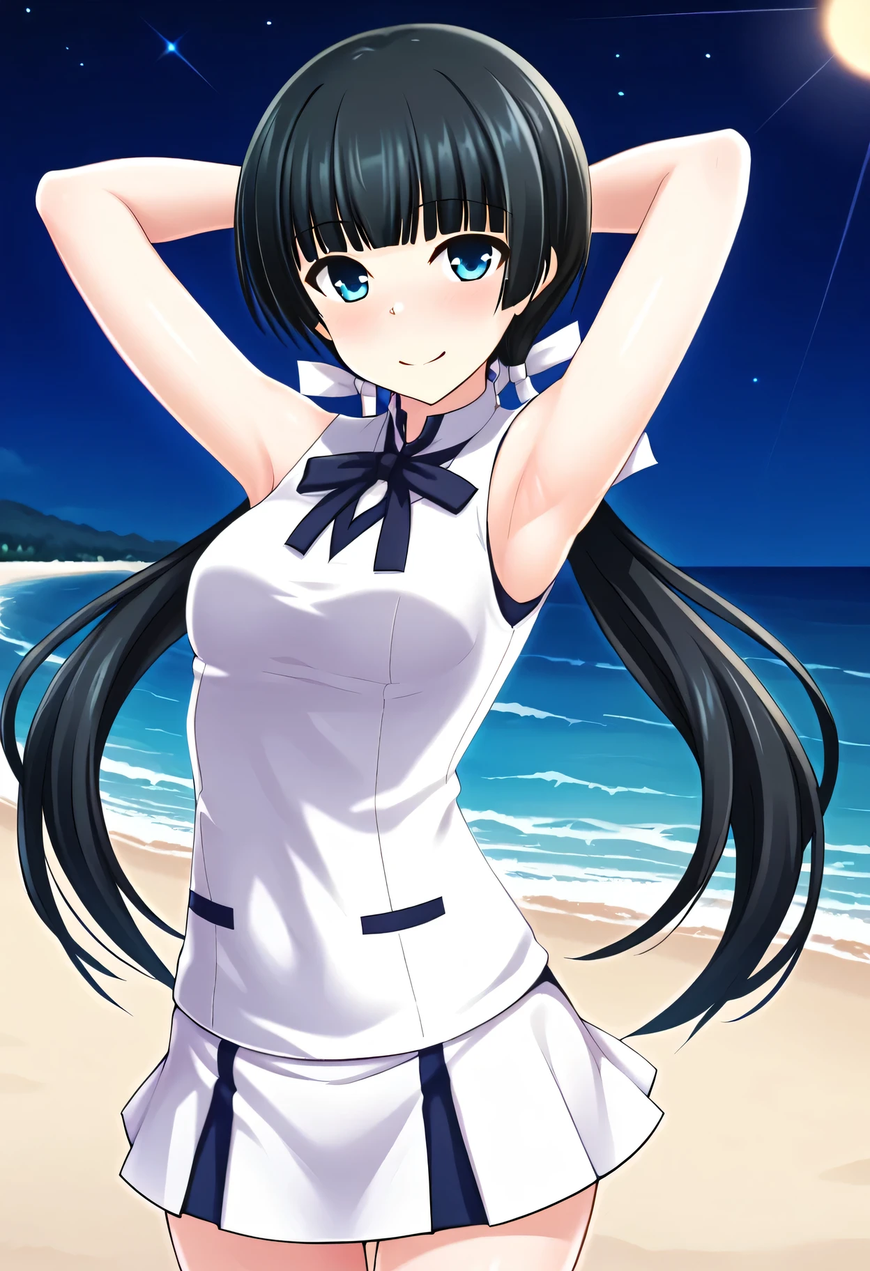 Mayuzumi Yukie, black hair, blunt bangs, long hair, low twintails, blue eyes , short sleeves, white sweater vest, white shirt, white skirt, neck ribbon, black ribbon, high quality, solo, night sky, beach, arms behind head, contrapposto, closed mouth, spread armpits, (cowboy shot:1.5), looking at viewer, shy, light smile, best quality, blushing,