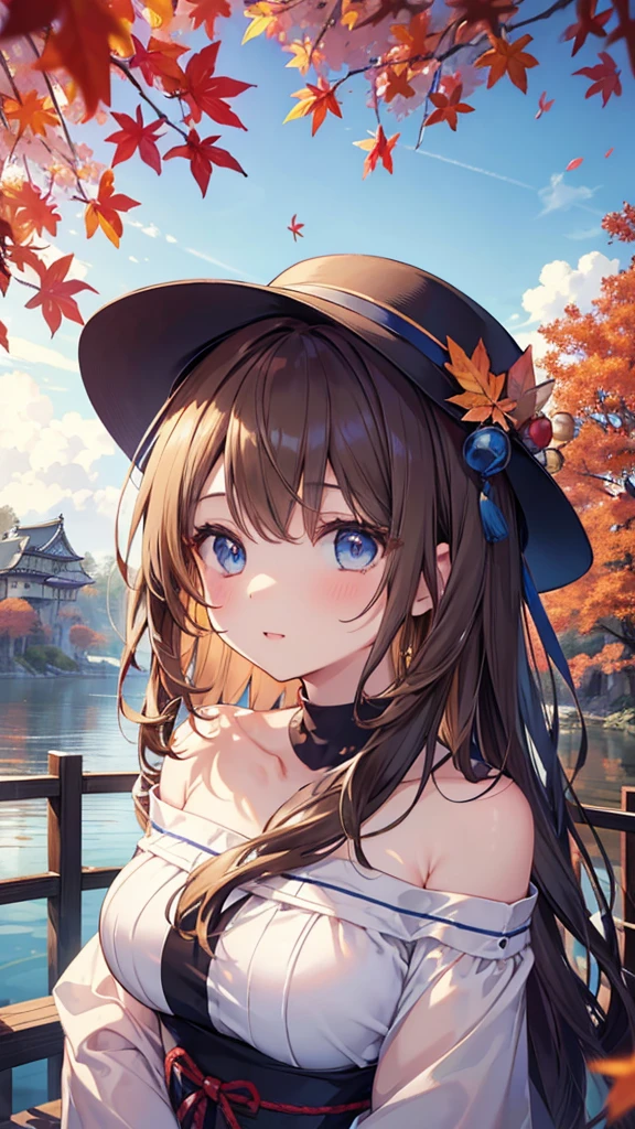 (highest quality), (masterpiece)、(Super detailed)、(beautiful girl alone)、(cute)、20-year-old、Take-out、(evening)、(Promenade in the nature park)、sweater、(off shoulder)、long sleeve、(outdoors)、(Lots of trees with autumn leaves)、light up、light brown hair、(blue eyes)、detailed eye、wide open eyes、detailed face、laughter、please empty your mouth、big breasts、hair length、(upper body shot)、Japanese castle in the background、standing on the bridge、(look up:1.3)