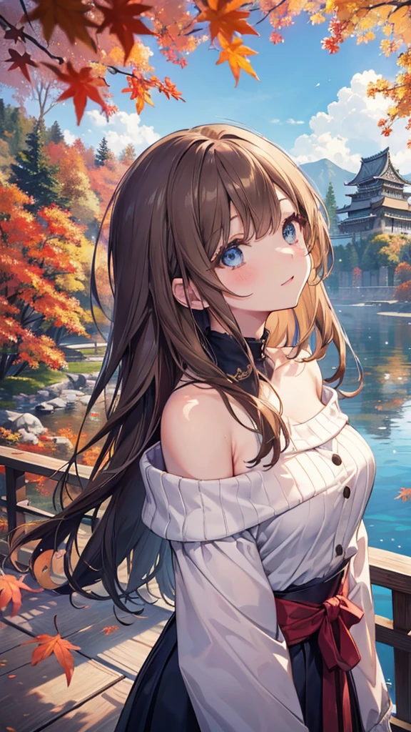 (highest quality), (masterpiece)、(Super detailed)、(beautiful girl alone)、(cute)、20-year-old、Take-out、(evening)、(Promenade in the nature park)、sweater、(off shoulder)、long sleeve、(outdoors)、(Lots of trees with autumn leaves)、light up、light brown hair、(blue eyes)、detailed eye、wide open eyes、detailed face、laughter、please empty your mouth、big breasts、hair length、(upper body shot)、Japanese castle in the background、standing on the bridge、(look up:1.3)