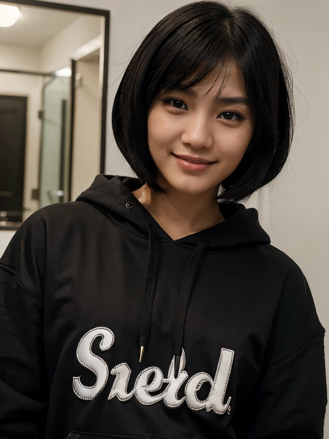 asian girls using black hoodie (facing to the camera) short black hair smiling at viewer