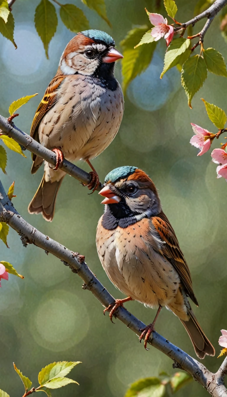 1 There are two birds sitting on a branch, colorful birds, very detailed birds, Beautiful nature, Surreal sparrow, Beautiful composition 3-D 4K, birds on cherry tree, Birds and butterflies, Mysterious Birds, Inspiring aerial view, Very beautiful photos, beautiful art, really Beautiful nature, Traditional Arts, adult twins