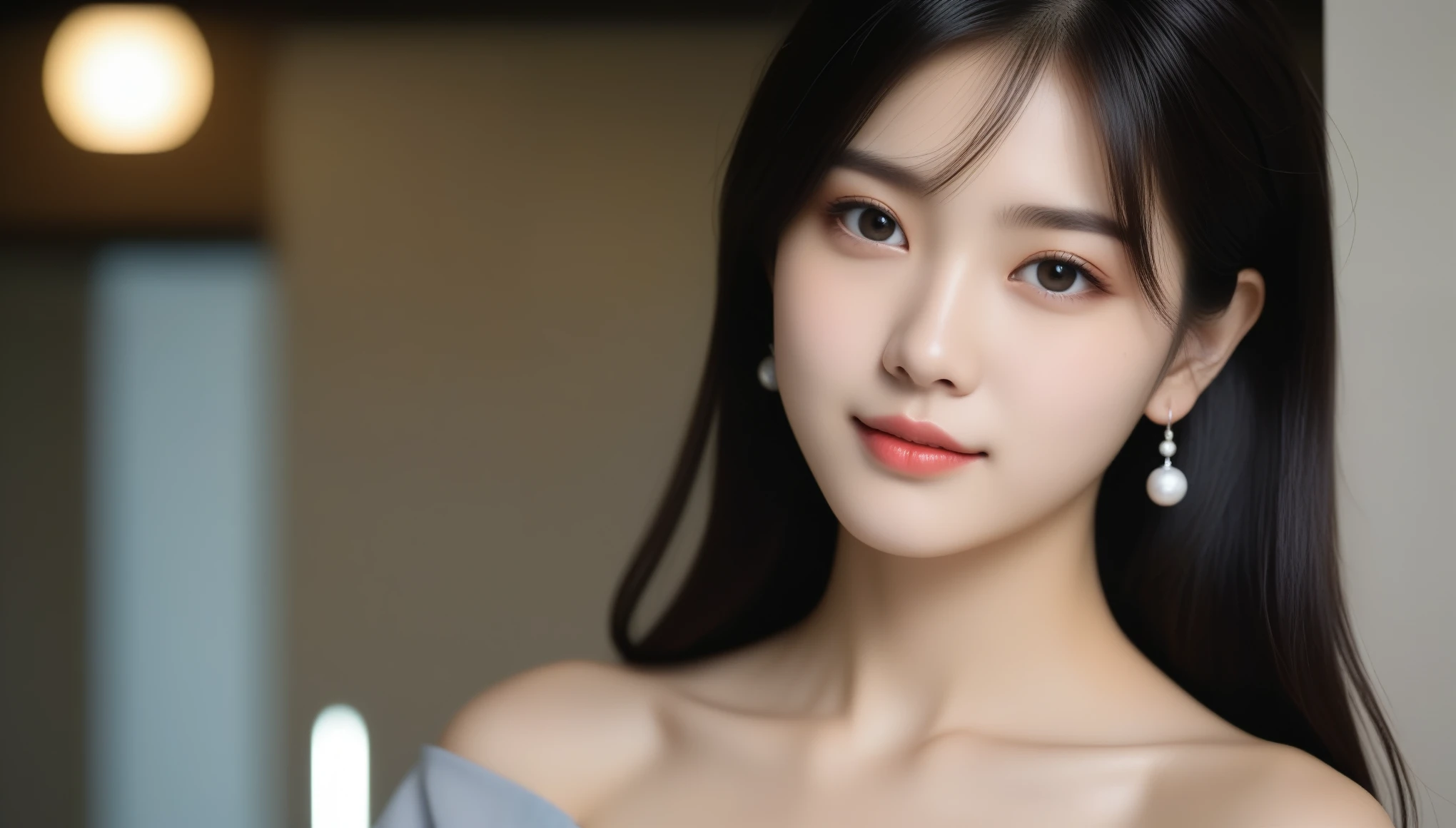 8k, Ultra-high resolution, highest quality, masterpiece, Surreal, photograph, 1 girl, (16 years old:1.3), pretty girl, Cute Face, Beautiful eyes in every detail, 細かくdetailedに,masterpiece,, One Girl:1.2, Japan Female Announcer, One beautiful woman,photographのポーズをとる灰色のトップの女性の接写,Grey Dress, Off the shoulder, Cafe,Shortcuts,Black Hair,Bold Pose,Looking at the audience、beauty,Long neck、Laugh a little、Please close your mouth and laugh、(((Ideal body type))),A cup small breasts :2,、Portraiture:2、Perfect Anatomy、鮮明なdetailed、detailed、Surreal、Light and shadow,Strong light,Fashion magazine cover,Thin lips