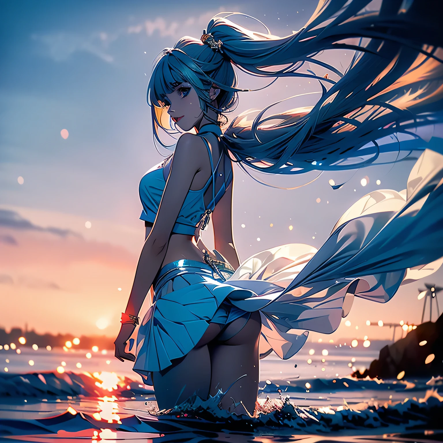 ((panty shot)),((lifting skirt)),((white panties focus)),(low angle,from below),((masterpiece, highest resolution,best quality)), (beautiful illustration), ((semi long beautiful silver green hair,blunt bangs,pony tail,beautiful blue eyes)),(solo),(Japanese high ,sailor,mini skirt,elegant swimsuit, bikini,),(looking at the viewer), (bathing in the sea),(innocent cute laugh), (cinematic lighting),beach, sand, blue sky,waves, coconut tree,fish,boat,sea gull,