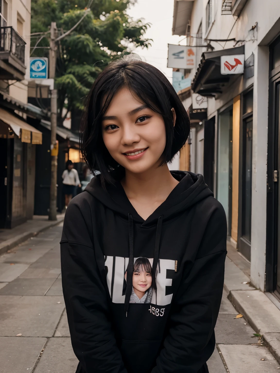17 years asian girls using black hoodie (facing to the camera) short black hair smiling at viewer