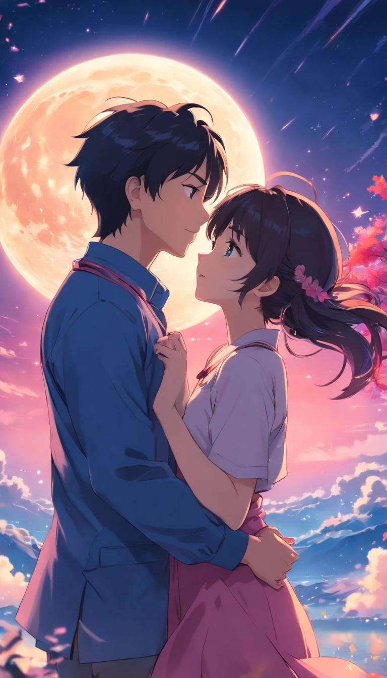 ,1 moon,Romantic couple kissing in the wind,anatomy correct, Delicate pattern,Oriental elements,Ink painting style, Clean colors,Pink rose space, Soft lighting, ( Bokeh),Masterpiece, Super detailed, Epic composition, Highest quality, 8K,