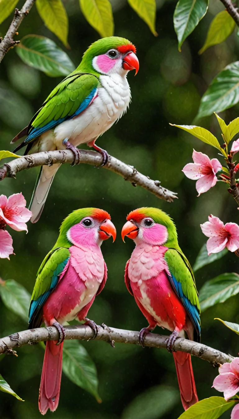 There are two tropical birds sitting on a branch, colorful birds, Beautiful and colorful, beautiful大自然, birds on cherry tree, Beautiful and colorful, really beautiful大自然, cute colorful cute, with beautiful色彩, Color HD pictures, very beautiful photo, beautiful, Mysterious Birds, very beautiful, beautiful背景, pink、white and green, beautiful色彩, tropical birds