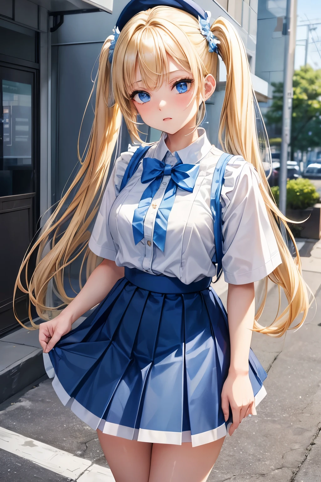 "A young girl with bright blonde pigtails and striking blue eyes stands confidently. She is 18 years old, wearing a crisp white school shirt paired with a light blue pleated skirt that falls just above her knees. Her expression is a mix of determination and curiosity. The scene is styled in a vibrant anime aesthetic, perfect for a visual novel setting."