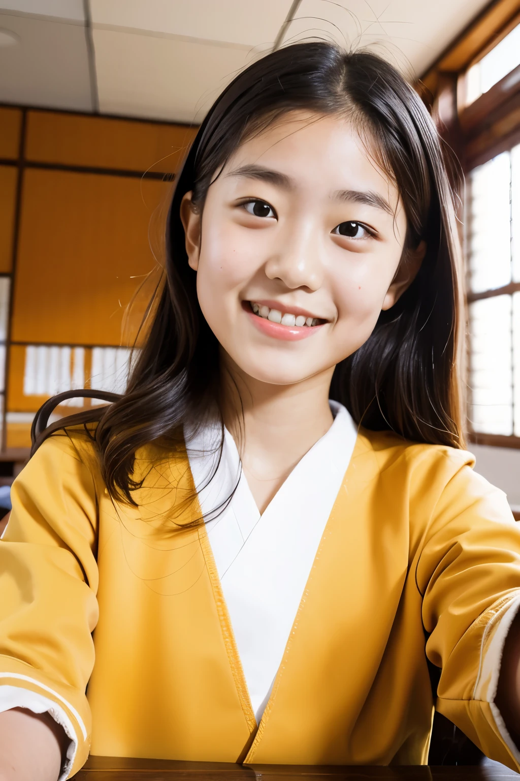 lens: 135mm f1.8, (highest quality),(RAW Photos), (Tabletop:1.1), (Beautiful 14 year old Japanese girl), Cute Face, (Deeply chiseled face:0.7), (freckles:0.4), Dappled sunlight, Dramatic lighting, (Japanese School Uniform), (In the classroom), shy, (Close-up shot:1.2), (smile)