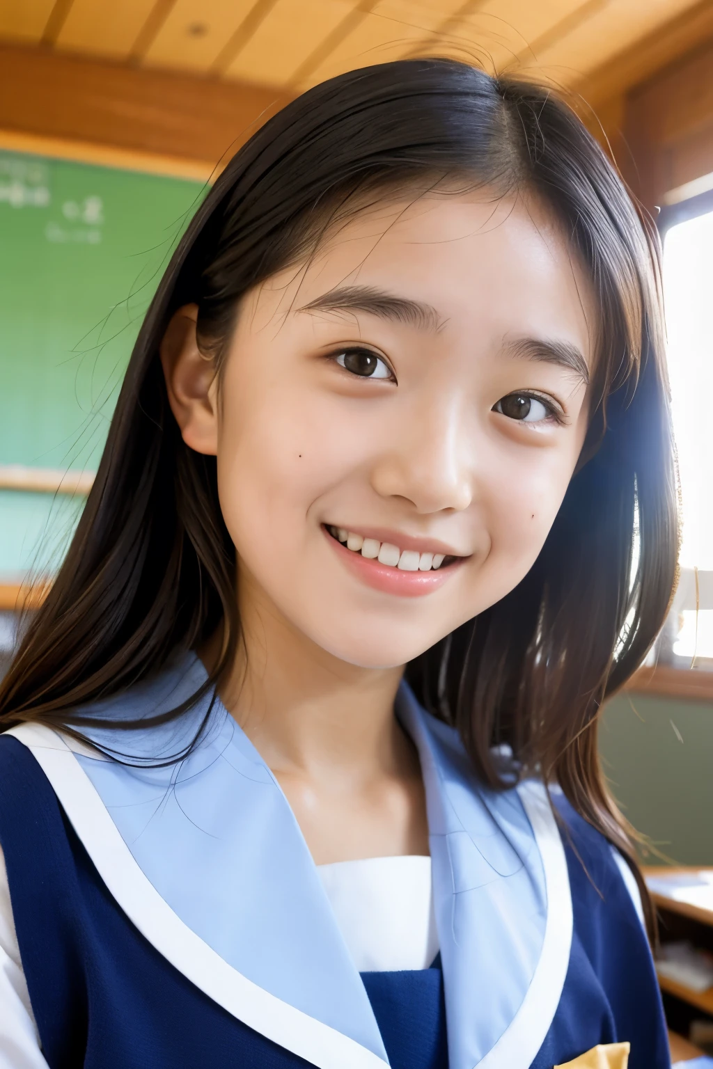 lens: 135mm f1.8, (highest quality),(RAW Photos), (Tabletop:1.1), (Beautiful 14 year old Japanese girl), Cute Face, (Deeply chiseled face:0.7), (freckles:0.4), Dappled sunlight, Dramatic lighting, (Japanese School Uniform), (In the classroom), shy, (Close-up shot:1.2), (smile)