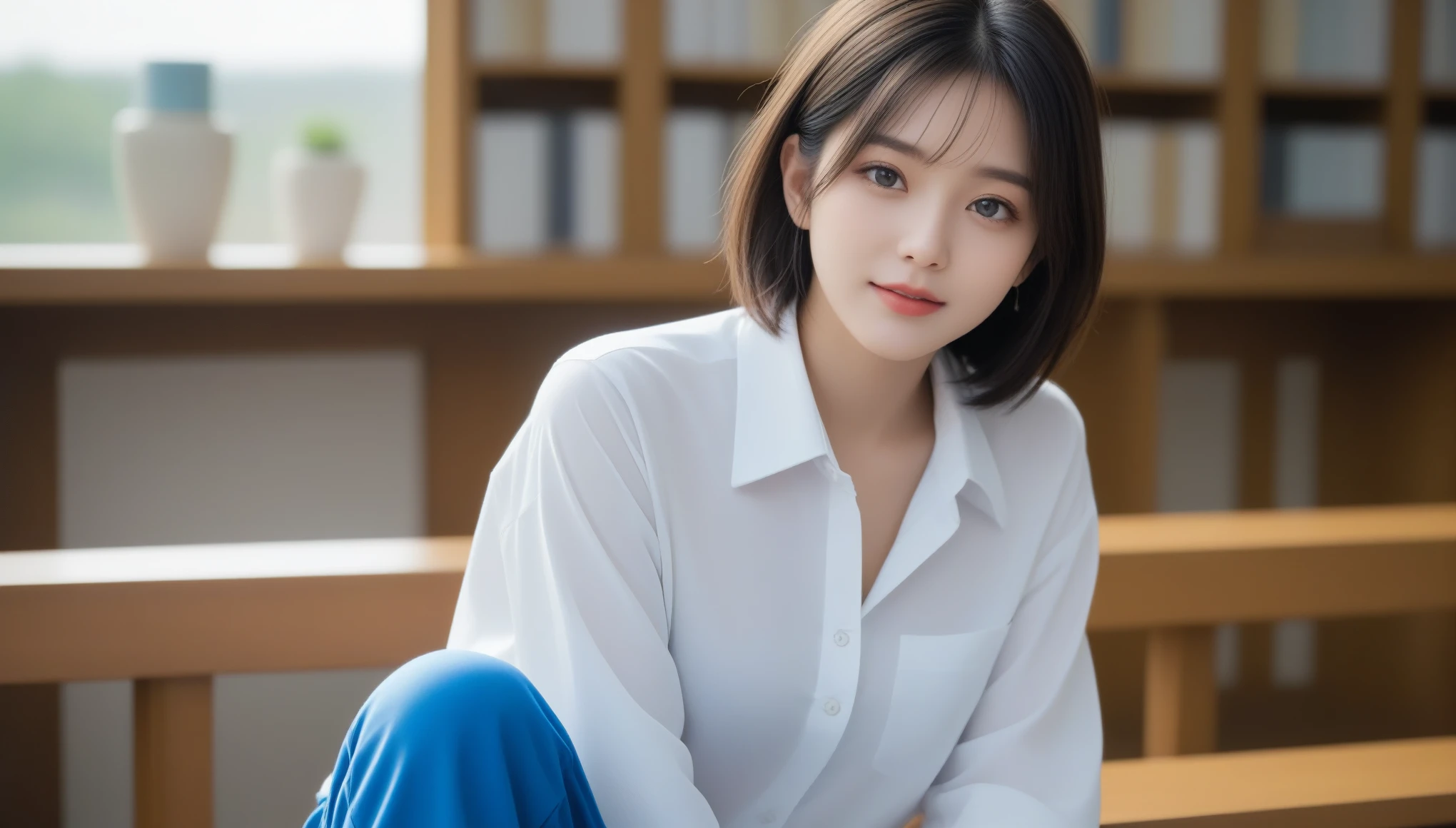 8k, Ultra-high resolution, highest quality, masterpiece, Surreal, photograph, 1 girl, (:1.3), pretty girl, Cute Face, Beautiful eyes in every detail, 細かくdetailedに,masterpiece,, One Girl:1.2, Japan Female Announcer, One beautiful woman,Close-up of a woman sitting on a bench in the room、(White shirt with blue collar、Blue sweatpants)、Unbuttoned clothing、library、Shortcuts,Black Hair,Bold Pose,Looking at the audience、beauty,Long neck、Laugh a little、Please close your mouth and laugh、(((Ideal body type))),A cup small breasts :2,、Portraiture:2、Perfect Anatomy、鮮明なdetailed、detailed、Surreal、Light and shadow,Strong light,Fashion magazine cover,Thin lips