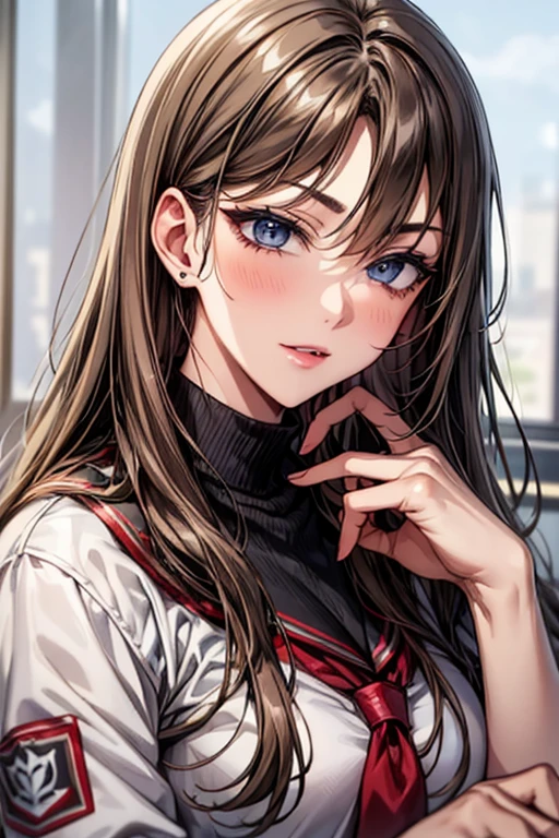 girl, Long brown hair, Grey Eyes, Sharp features, White skin, Pink Lip, uniform