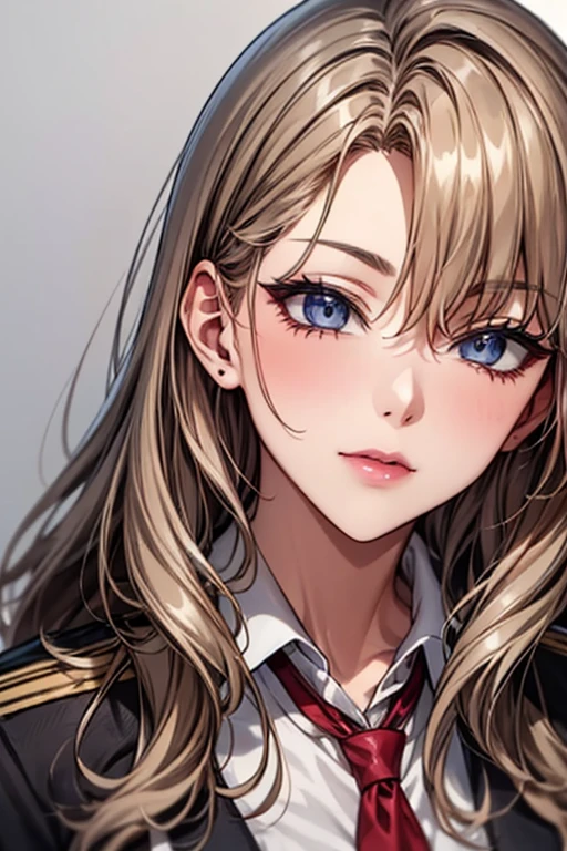 girl, Long brown hair, Grey Eyes, Sharp features, White skin, Pink Lip, uniform
