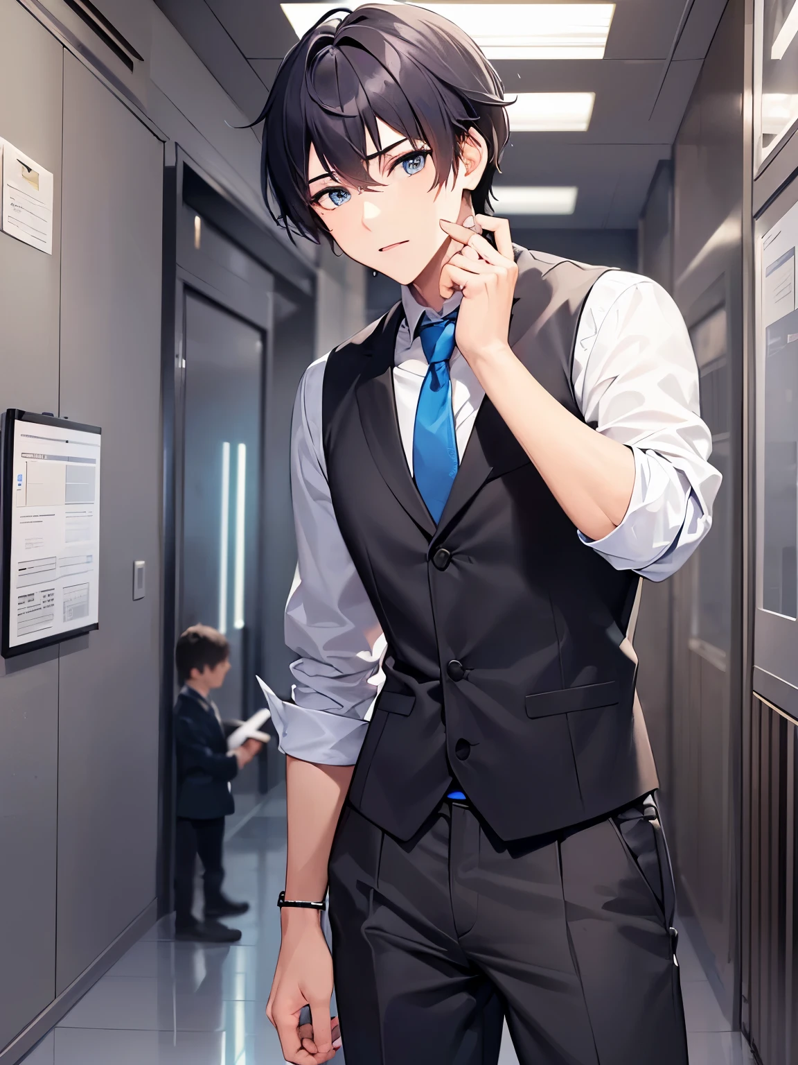 masterpiece, highest quality, (28-year-old male: 1.5) and (Black Short Hair) and (blue eyes) , (Wearing a suit:1.5) and (White collared shirt:1.0) and (Blue tie) , standing, The background is an office hallway.、alone、Anxious expression、(hold one's head:1.5)、hand on own head、alone